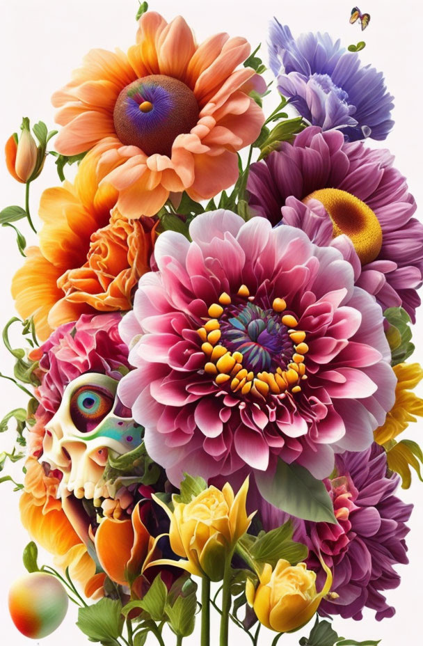 Colorful Skull and Bee in Vibrant Flower Bouquet