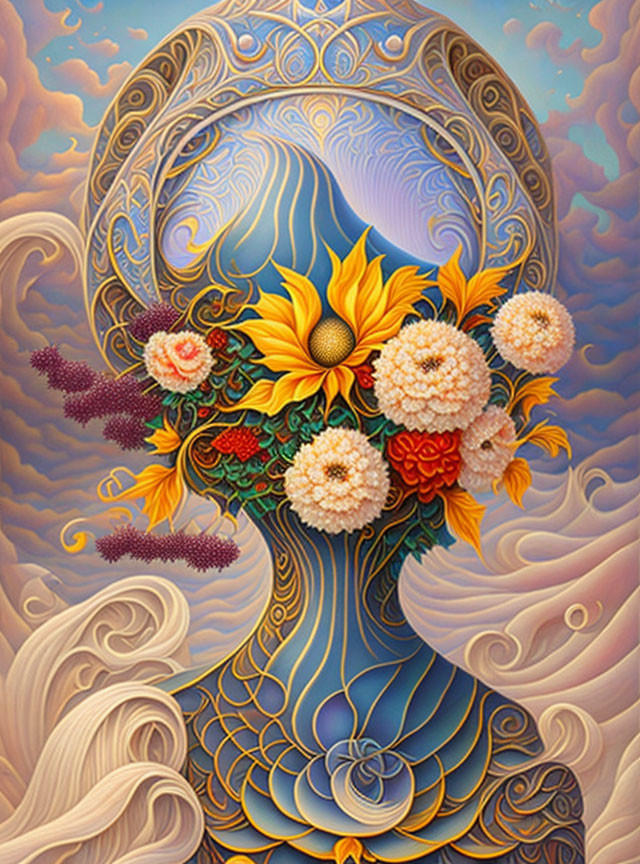 Surrealist portrait of a woman with flowing hair and gown blending with flowers and patterns