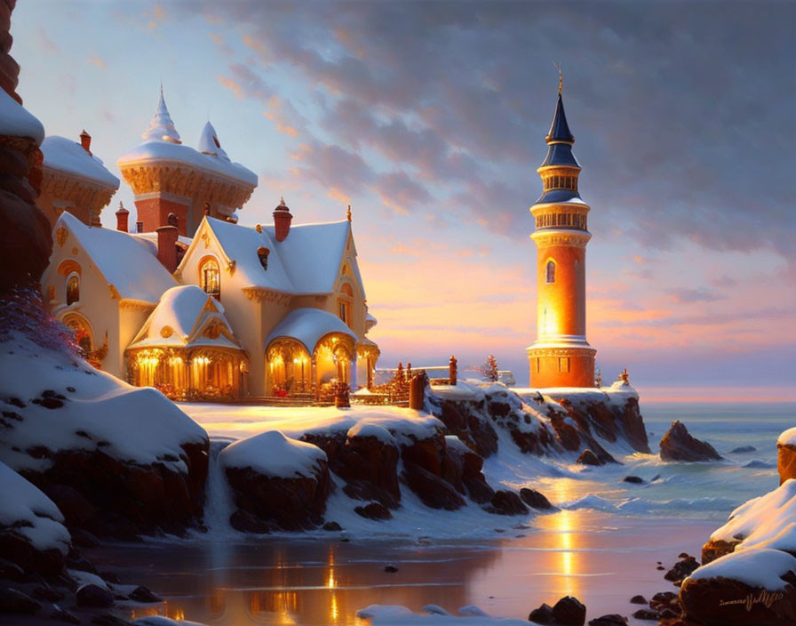 Snowy Twilight Scene: Fairytale Castle by Frozen River