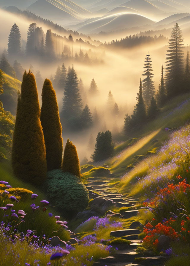 Sunlit Pathway Through Misty Forest Surrounded by Wildflowers