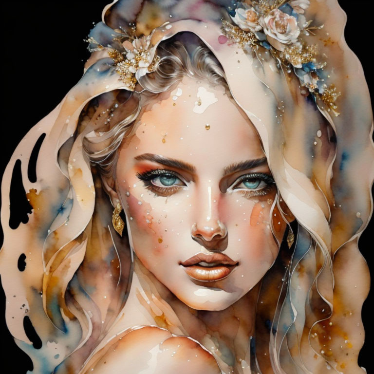 Vibrant watercolor portrait of a woman with intricate floral details