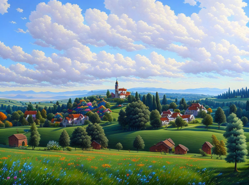 Vibrant village and rolling hills with dramatic sky