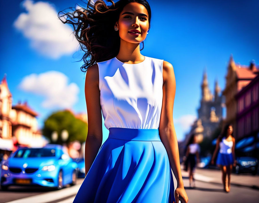 Stylish woman in blue and white dress walking on sunny urban street