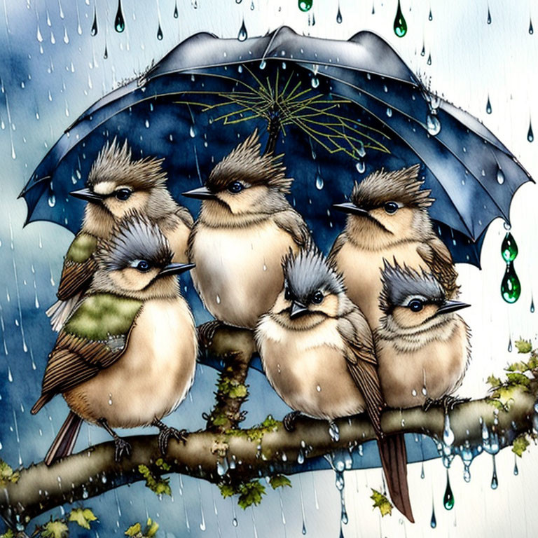 Five cartoon birds under blue umbrella on branch in rain