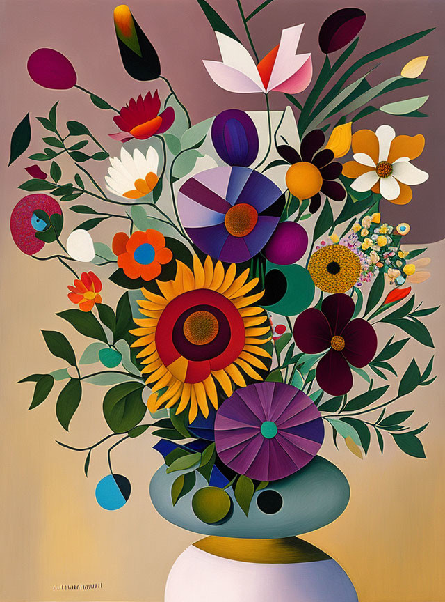 Colorful Flower Bouquet in Duo-Toned Vase Still-Life Painting