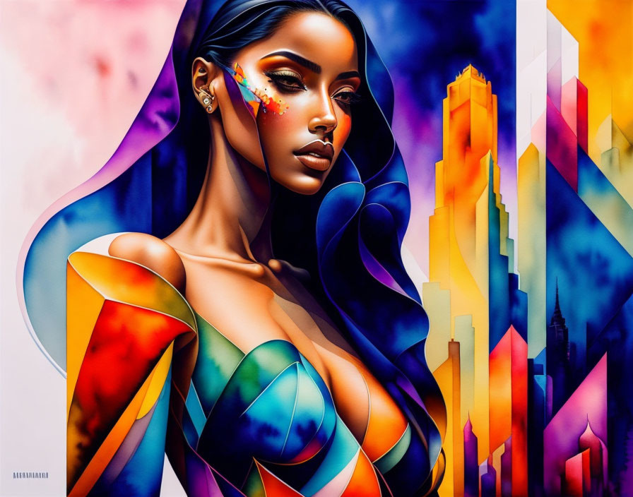 Colorful Geometric Body Art on Stylized Woman in Abstract Cityscape