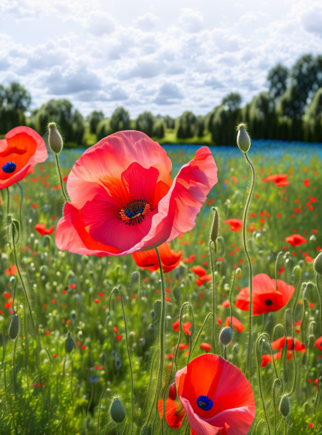 Colorful poppies in sunny field with blue flowers and fluffy clouds