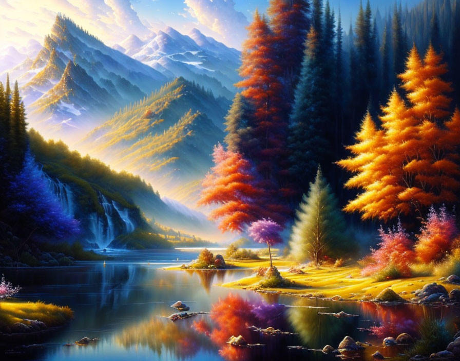 Colorful autumn landscape with calm river and mountains