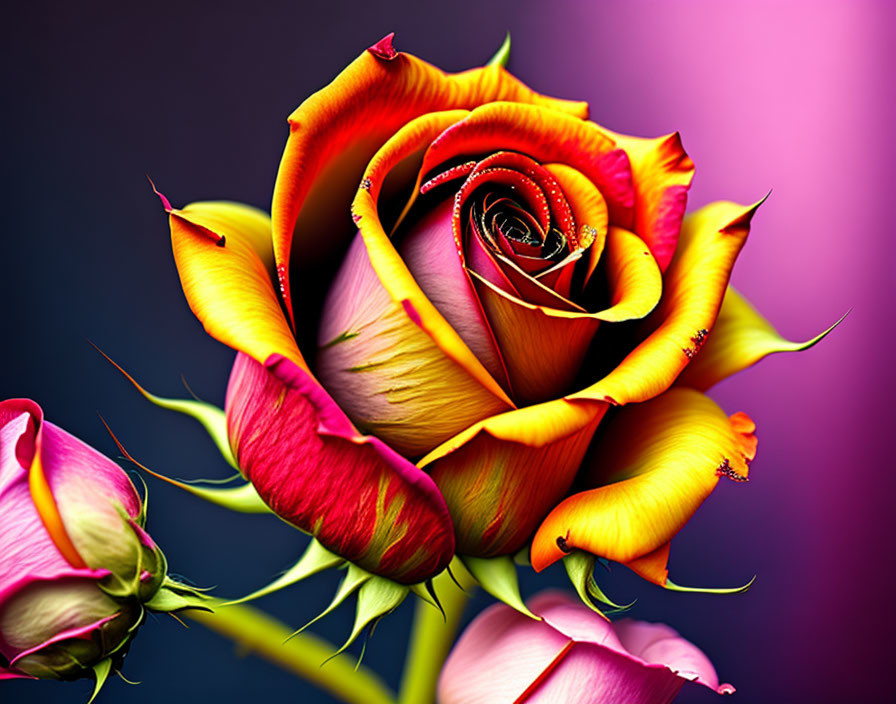 Colorful Rose with Yellow and Red Petals on Blurred Background