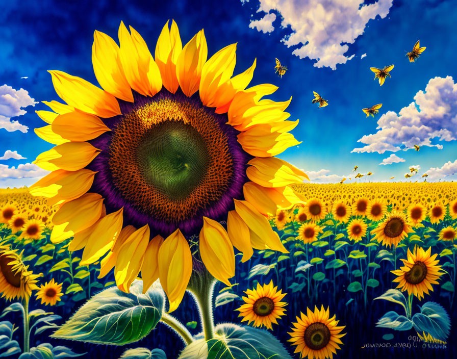 Sunflower field with bees under blue sky