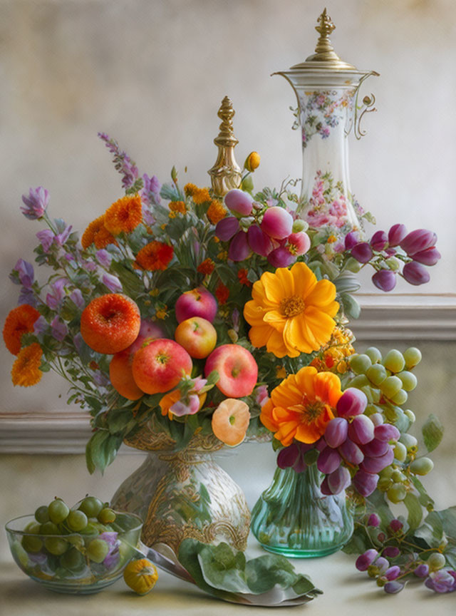 Colorful Flower Vase with Fruits and Coffee Pot Display