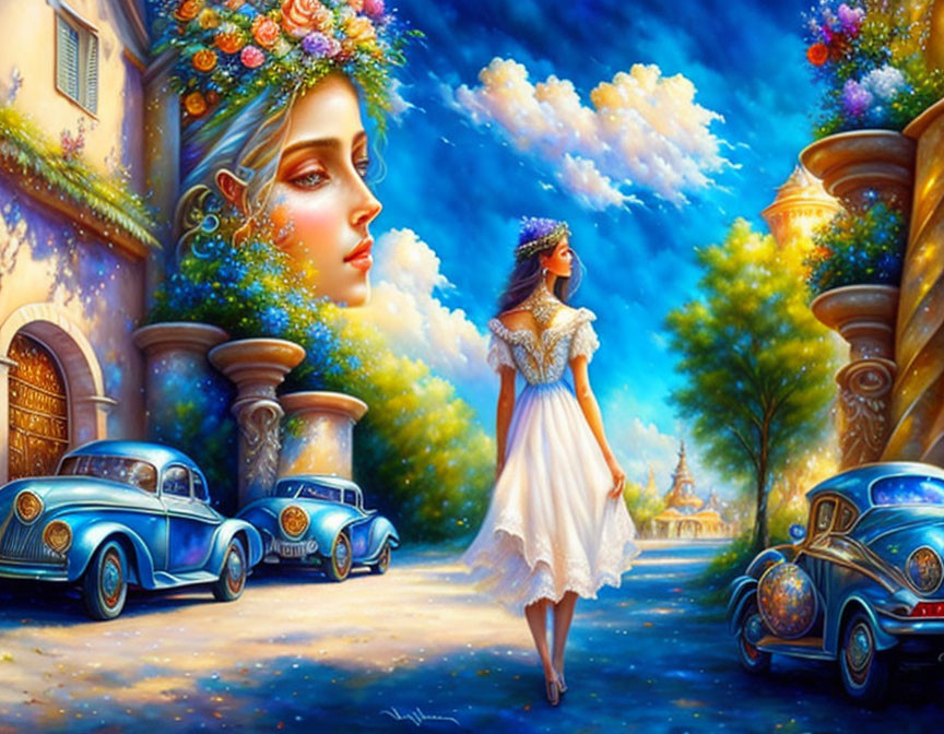 Woman in vintage dress among classic cars under vibrant sky