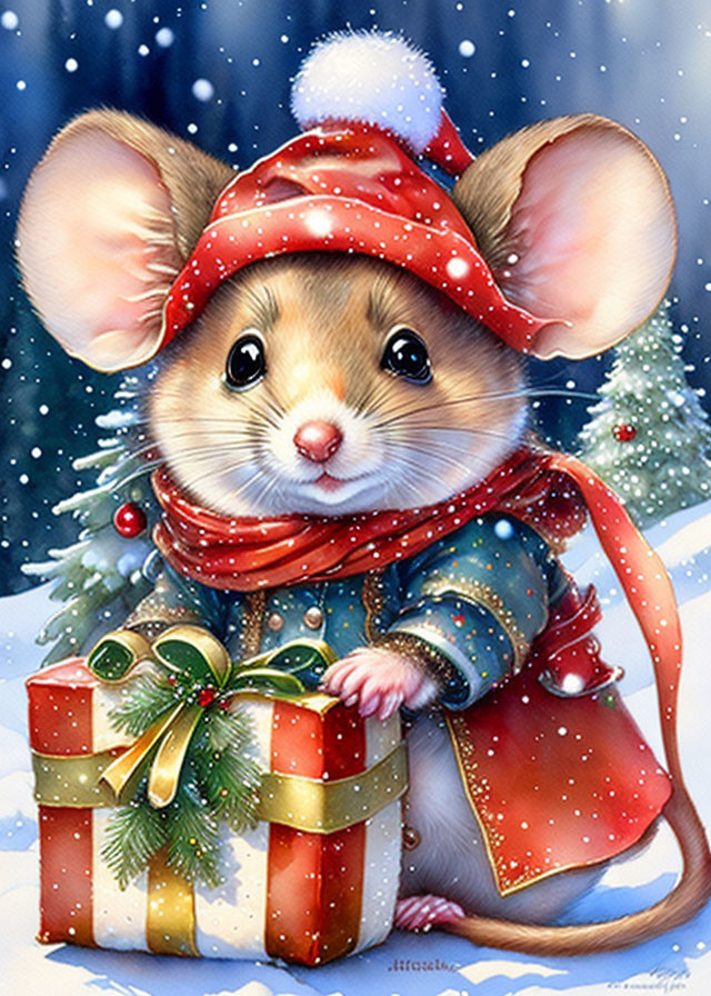 Cute Mouse with Christmas Present in Snowy Scene