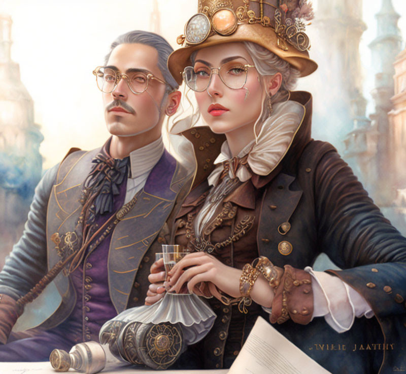 Steampunk characters with goggles in fantastical cityscape