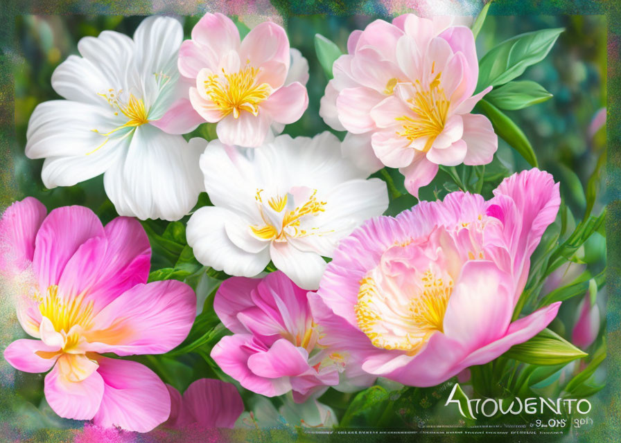 Digital artwork featuring pink and white flowers with yellow centers in a lush green setting.