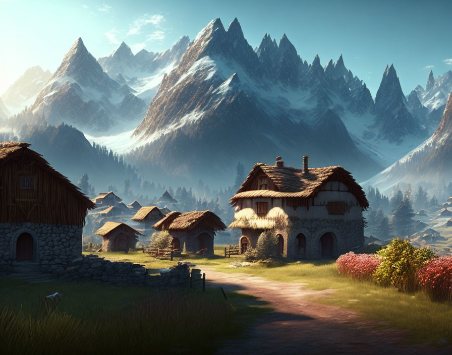 Snow-capped mountains backdrop serene village scene