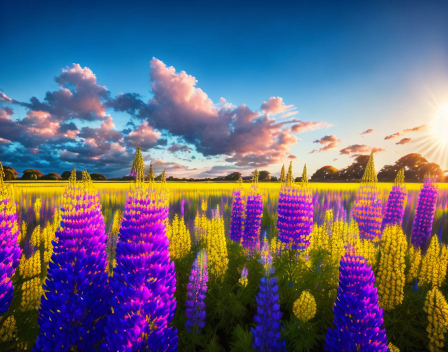 Vibrant Purple and Yellow Lupine Flowers in Sunset Sky