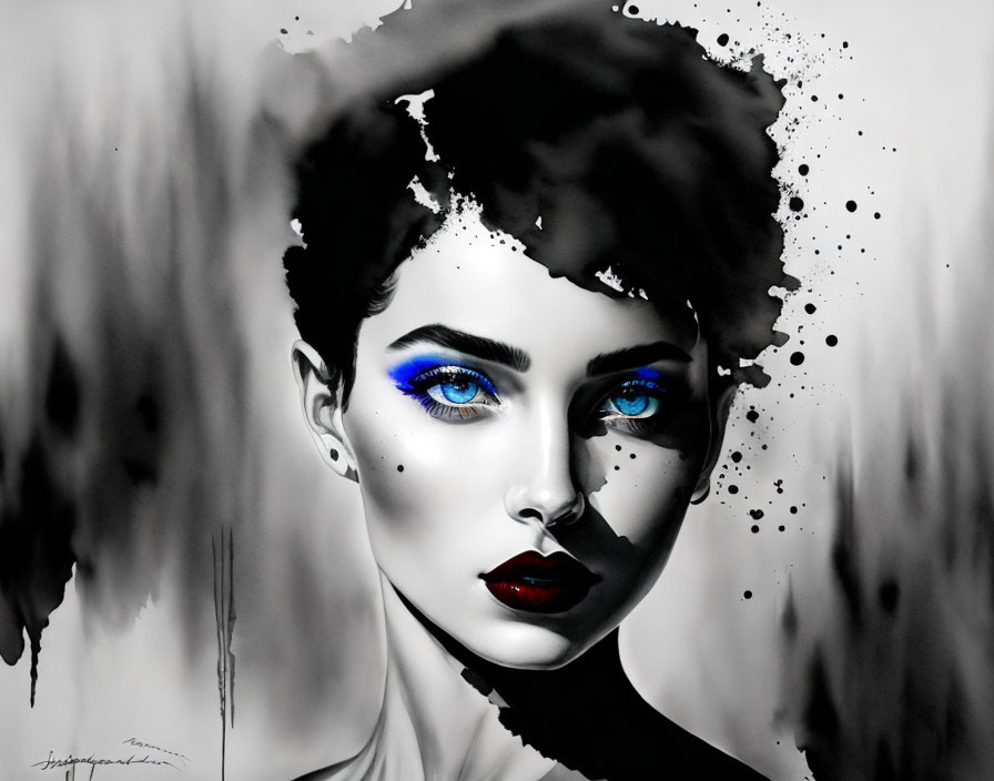 Monochromatic portrait of a woman with blue eyeshadow and red lips, ink splatter details