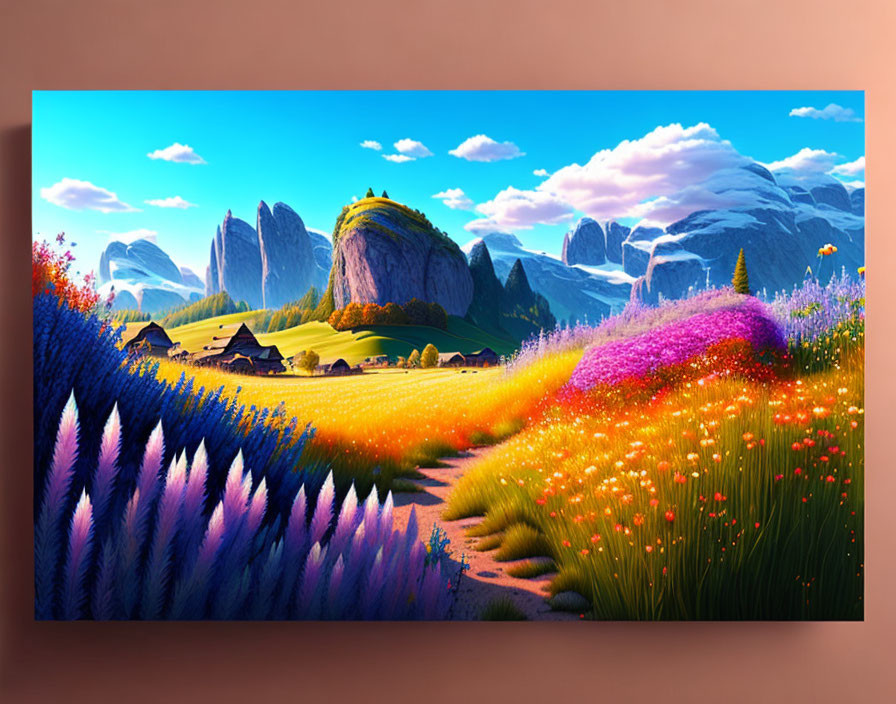 Colorful Flower Landscape with Village, Hills & Mountains