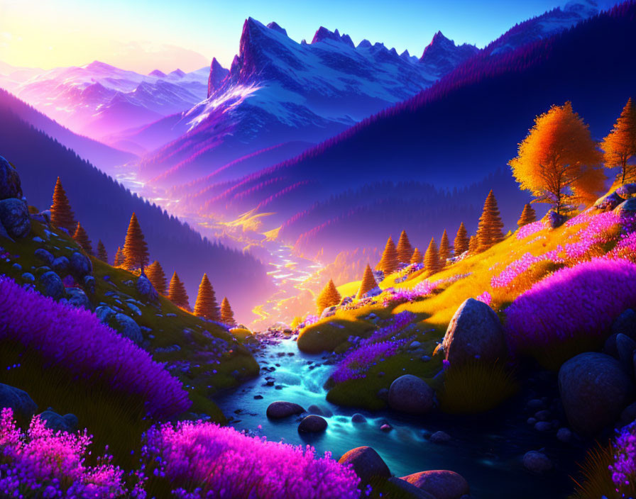 Surreal landscape with river, purple fields, autumn trees, and mountains