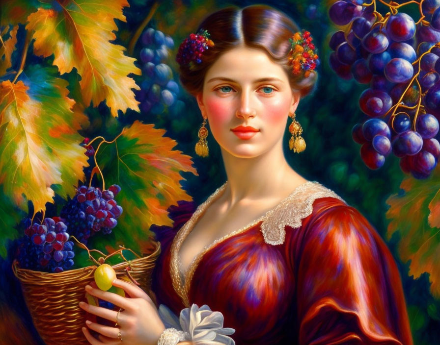 Woman portrait with grapes in hair, holding grape cluster, basket, autumn leaves