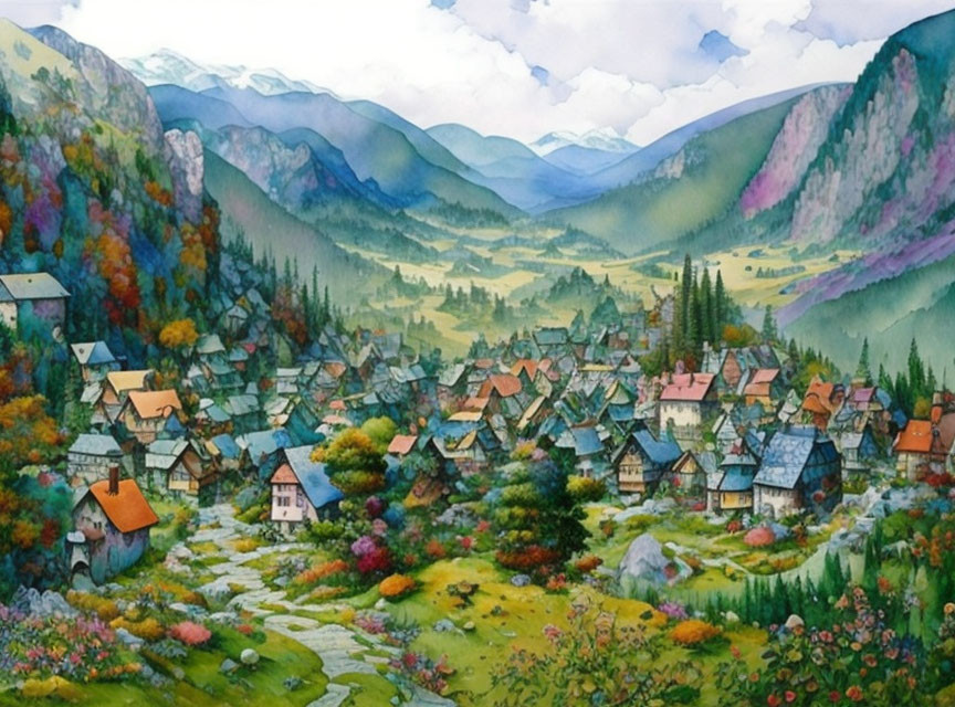 Vibrant landscape painting of a picturesque village in lush valley