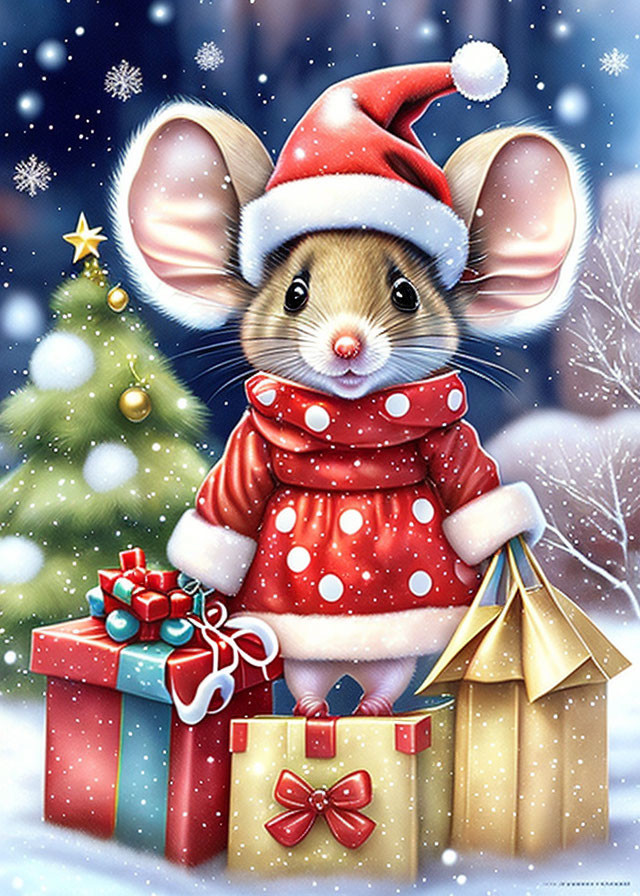 Illustrated mouse in Santa hat with gift boxes and Christmas tree in snowfall