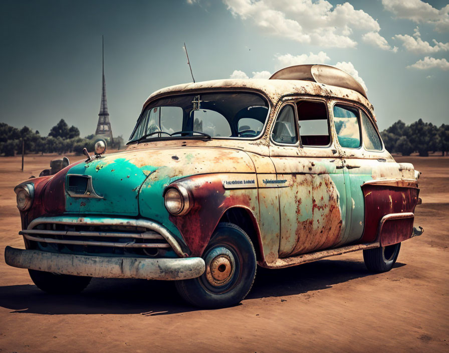 Rusted multicolored car with surfboard parked in field with tower in background