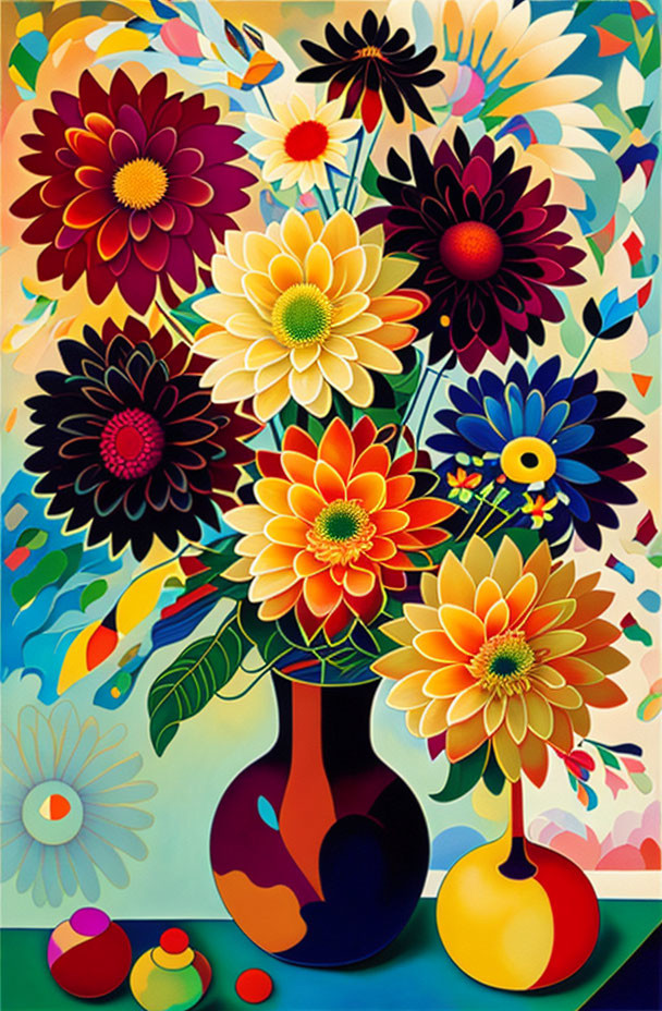 Colorful floral arrangement in two-tone vase against abstract backdrop.