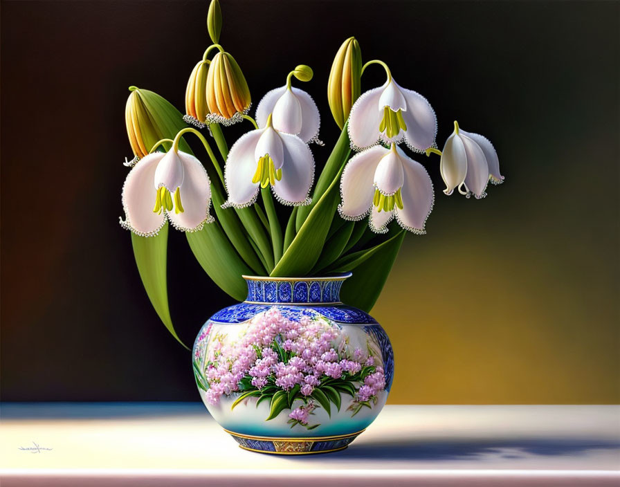 White Bell-Shaped Flowers in Porcelain Vase on Dark Background