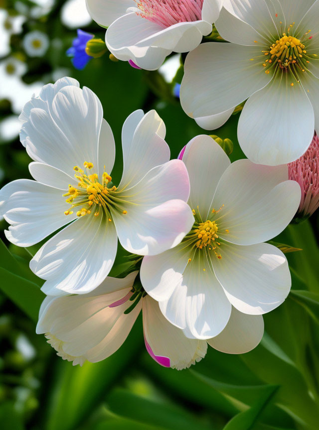 White flowers with yellow stamens and pink undertones against blurred greenery and pink blooms