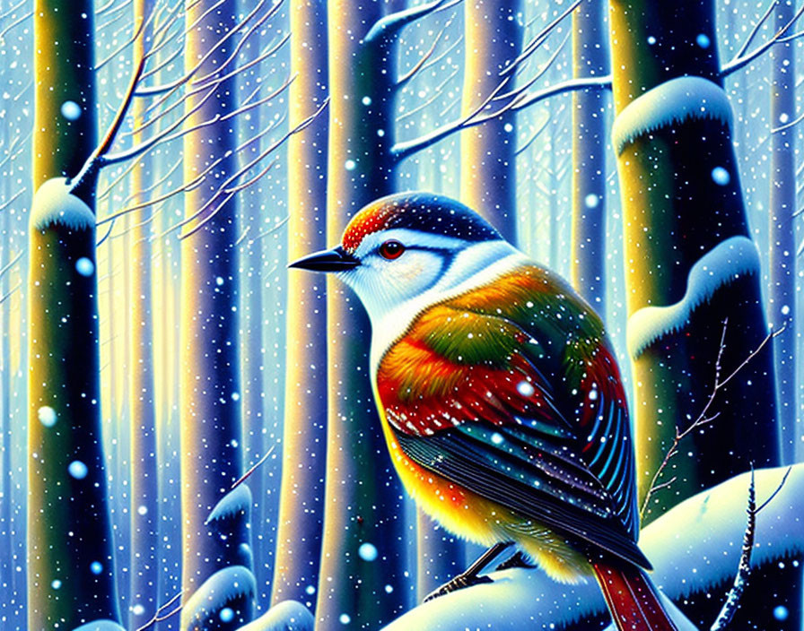 Vibrant bird in snowy forest with falling snowflakes