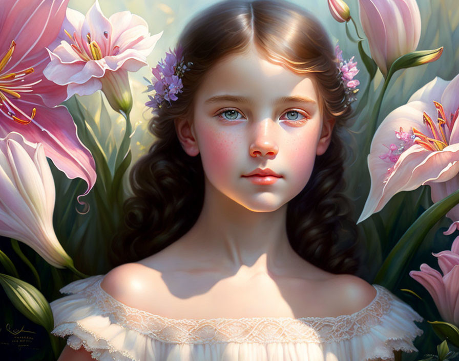Young girl with blue eyes and brown hair among pink lilies in digital painting