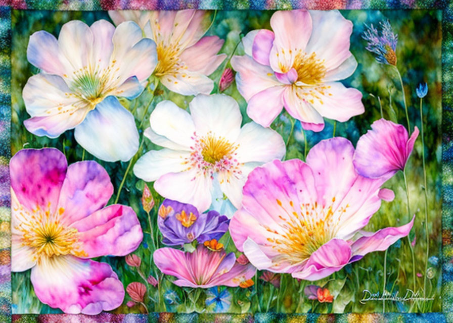 Colorful Wildflower Painting in Pink, White, and Purple