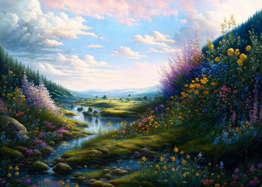 Tranquil landscape with wildflowers, river, green plains, and hills