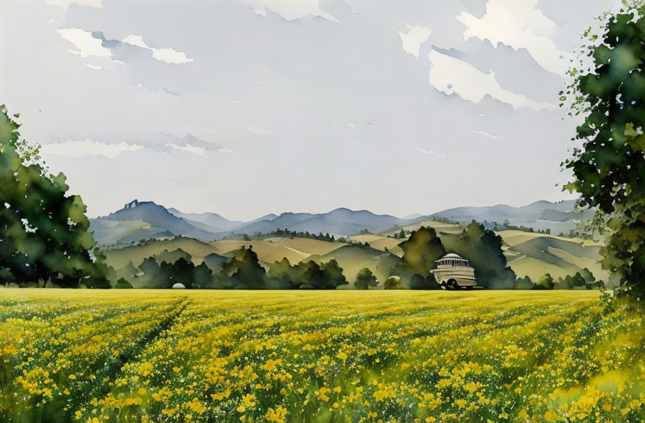 Tranquil watercolor: Meadow with yellow flowers, distant hills, house, trees, cloudy sky