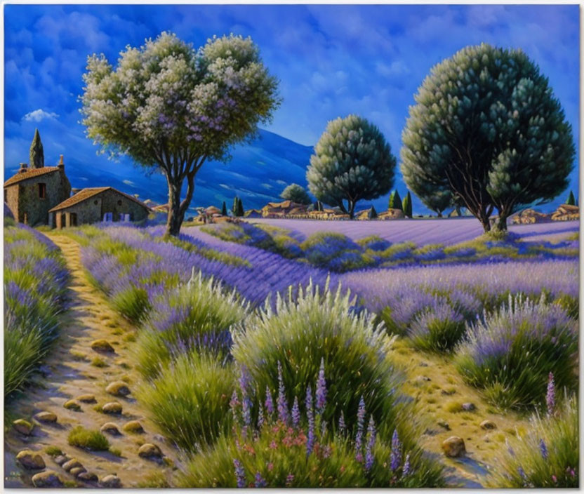 Tranquil lavender field with blooming trees and cottage against blue hills