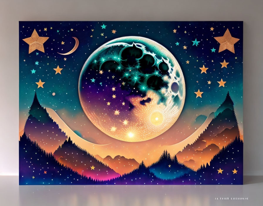 Colorful moon and stars artwork with sun, crescent moon, and mountains