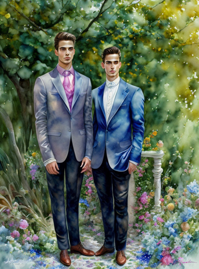 Men in stylish suits in colorful garden under dappled sunlight