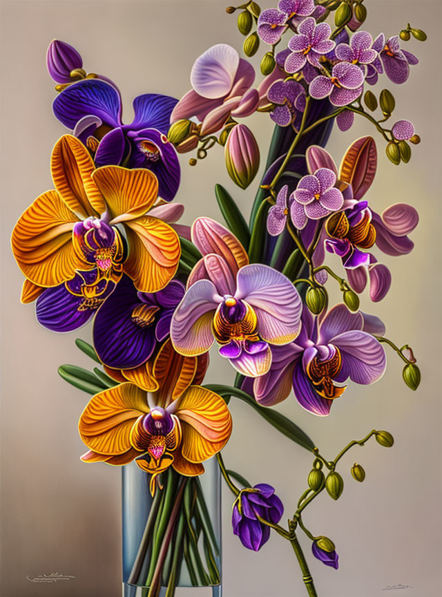 Purple and Orange Orchids in Sleek Vase on Muted Background