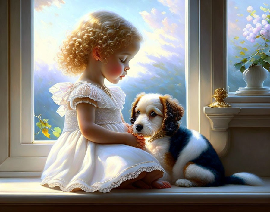 Young girl with blonde curly hair and tricolored puppy by sunny window.