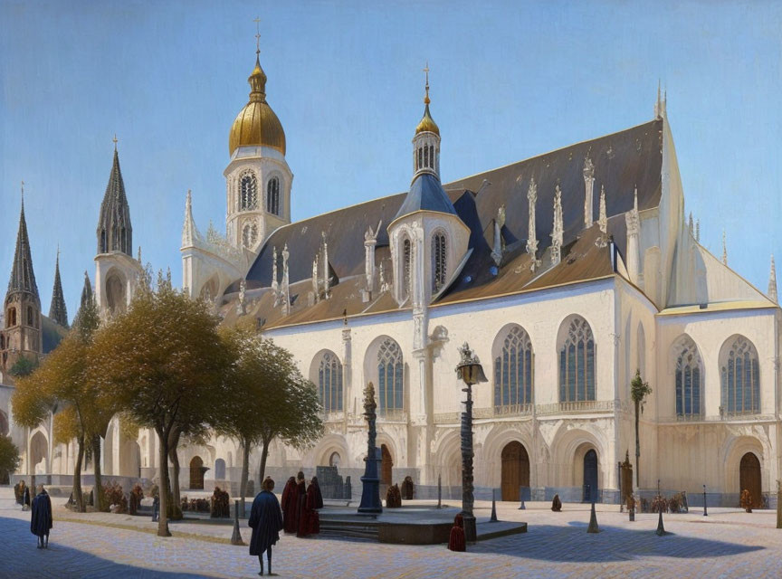 European square with fountain and gothic cathedral on sunny day