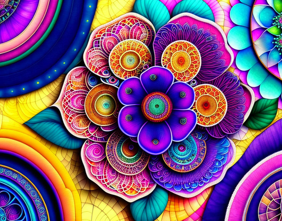 Colorful digital artwork: intricate, multicolored flowers on textured mosaic background