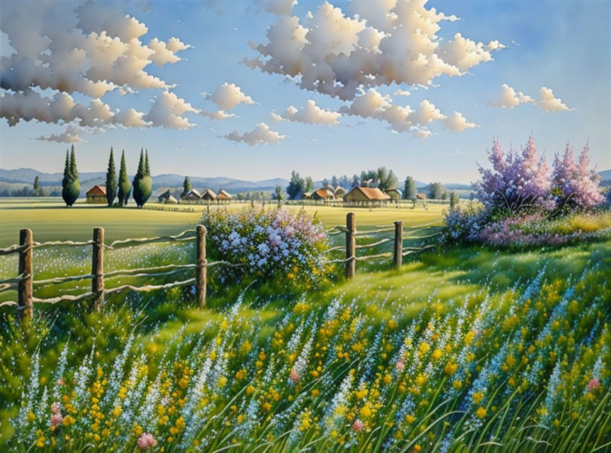 Tranquil landscape with wildflowers, fence, fields, trees, houses, and clear sky