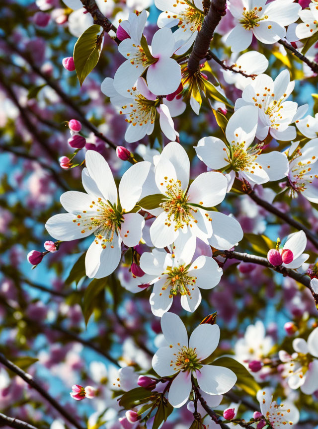 Spring cherry blossoms in white, pink, and yellow against blue sky.