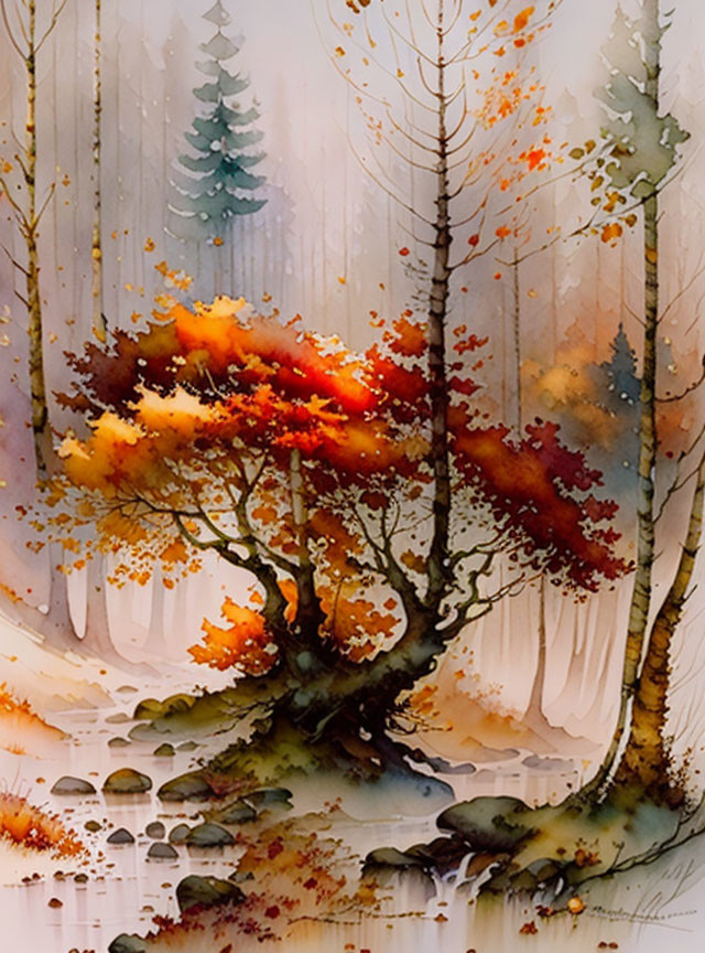 Autumnal forest scene watercolor painting with twisting tree & misty background