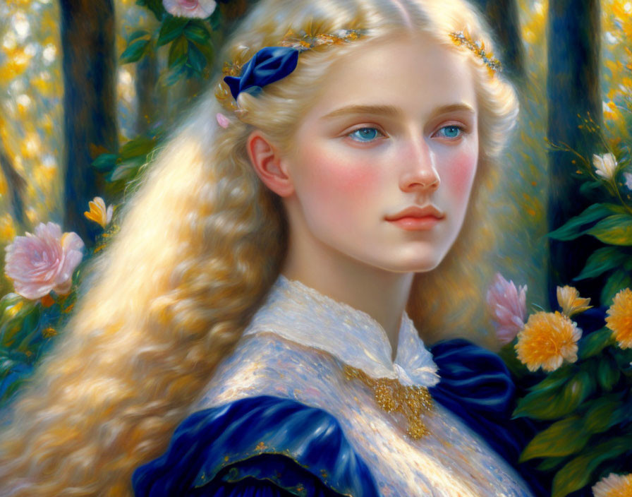 Young woman portrait with blond hair, blue eyes, and floral backdrop