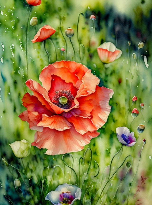 Colorful Watercolor Painting of Delicate Poppies in Raindrops