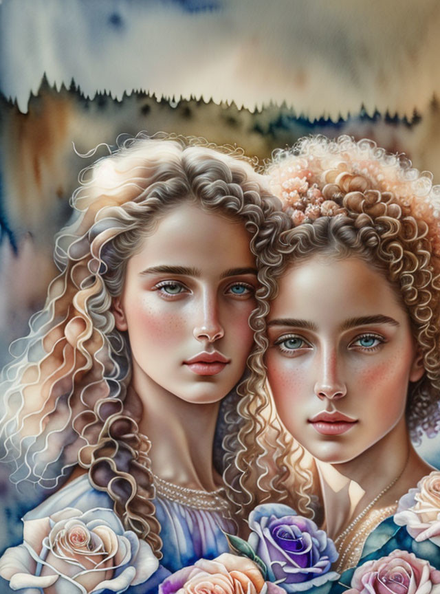 Two women with curly hair and blue eyes surrounded by flowers on an abstract background.