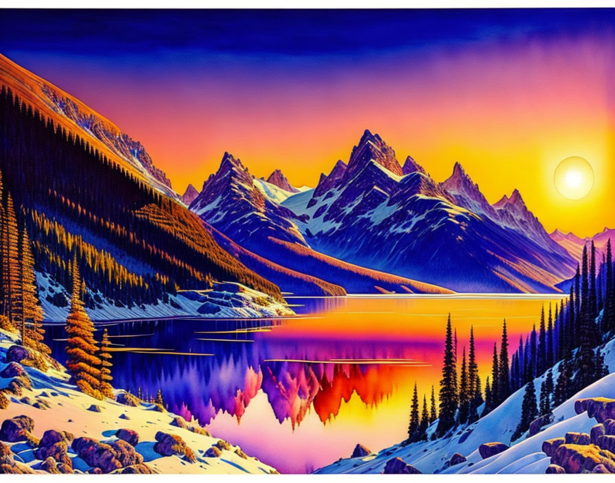 Scenic sunset over mountain lake with snow-capped peaks